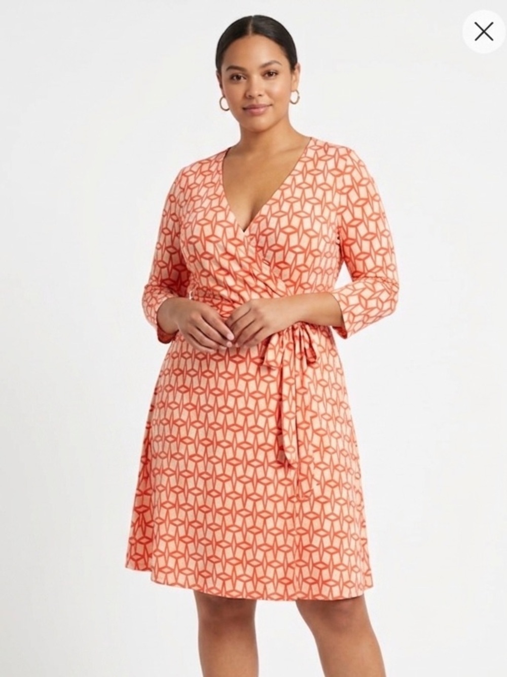 41 Hawthorn "Renesme" wrap dress geometric red and pink  print  3/4 sleeves.